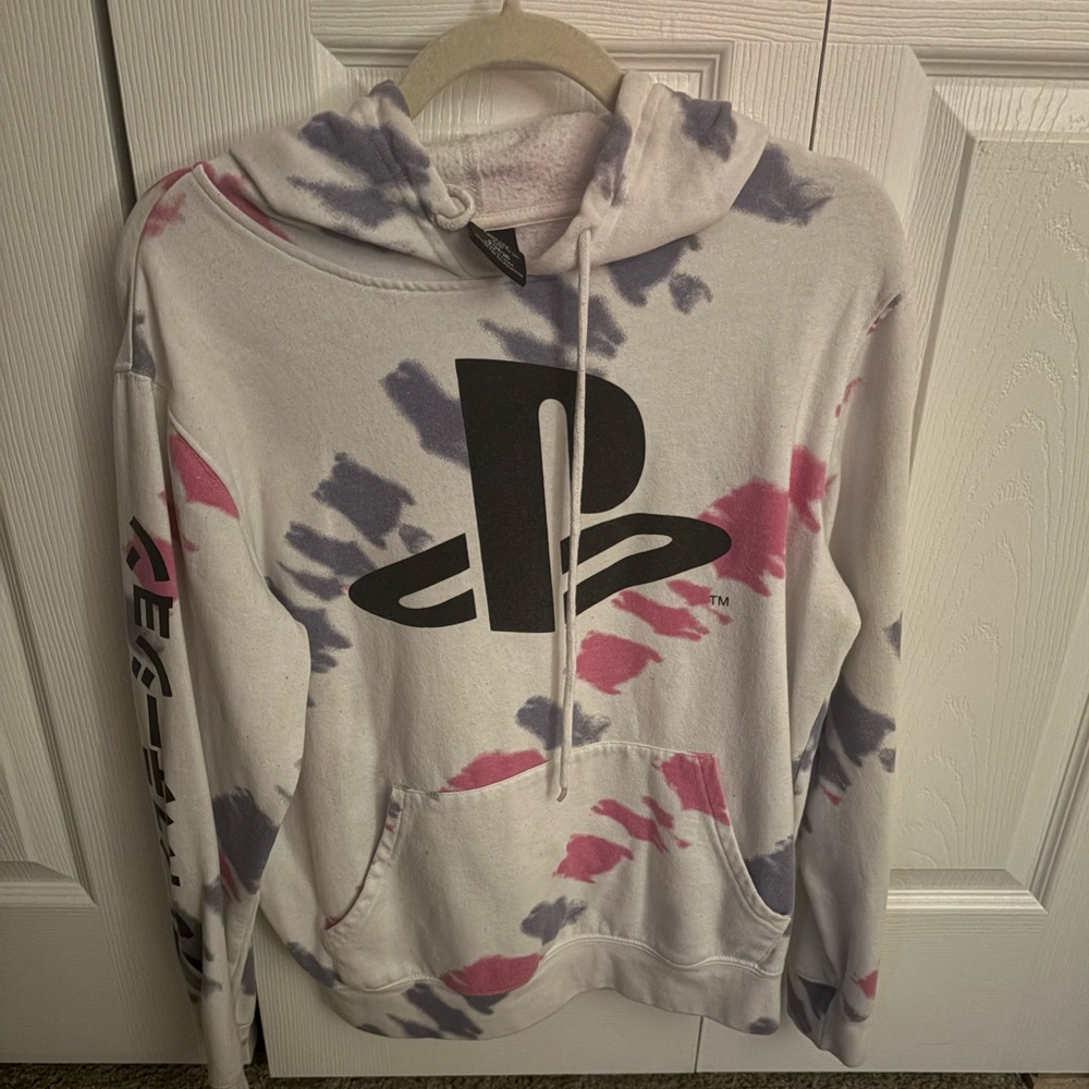 SONY PlayStation Tie-Dye Logo Hoodie in White, Pink & Purple
